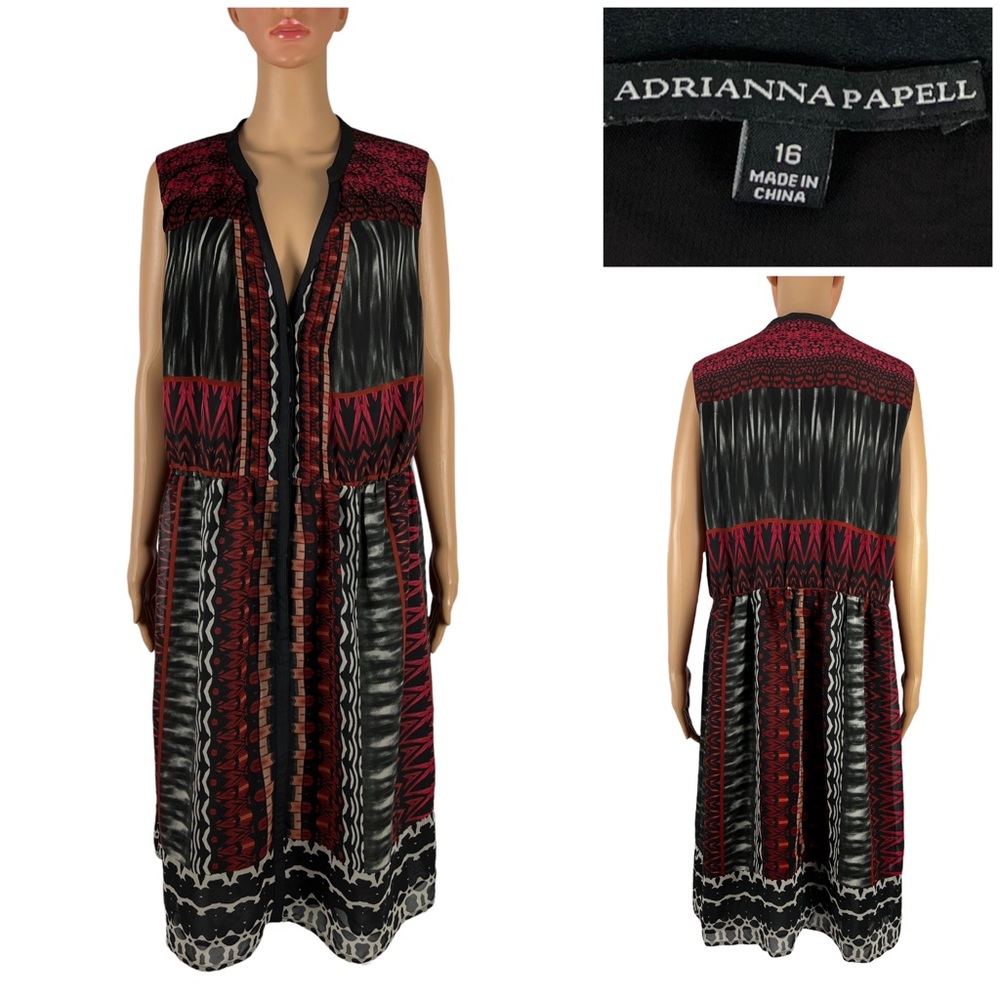 Adrianna Papell Women 16 Dress Tribal Sleeveless V Neck Multicolor Polyester EUC